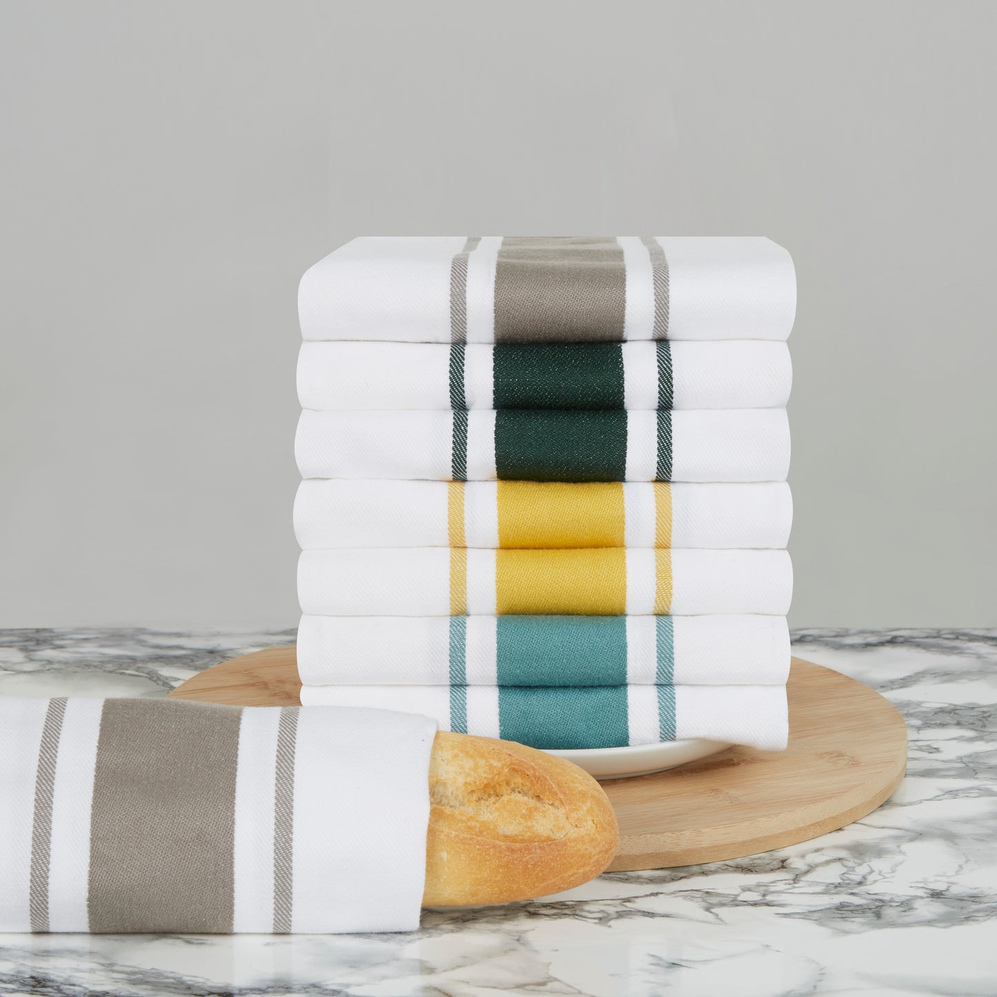 Large Sets of 8 Striped Cotton Drill Tea Towels in Mixed Colours