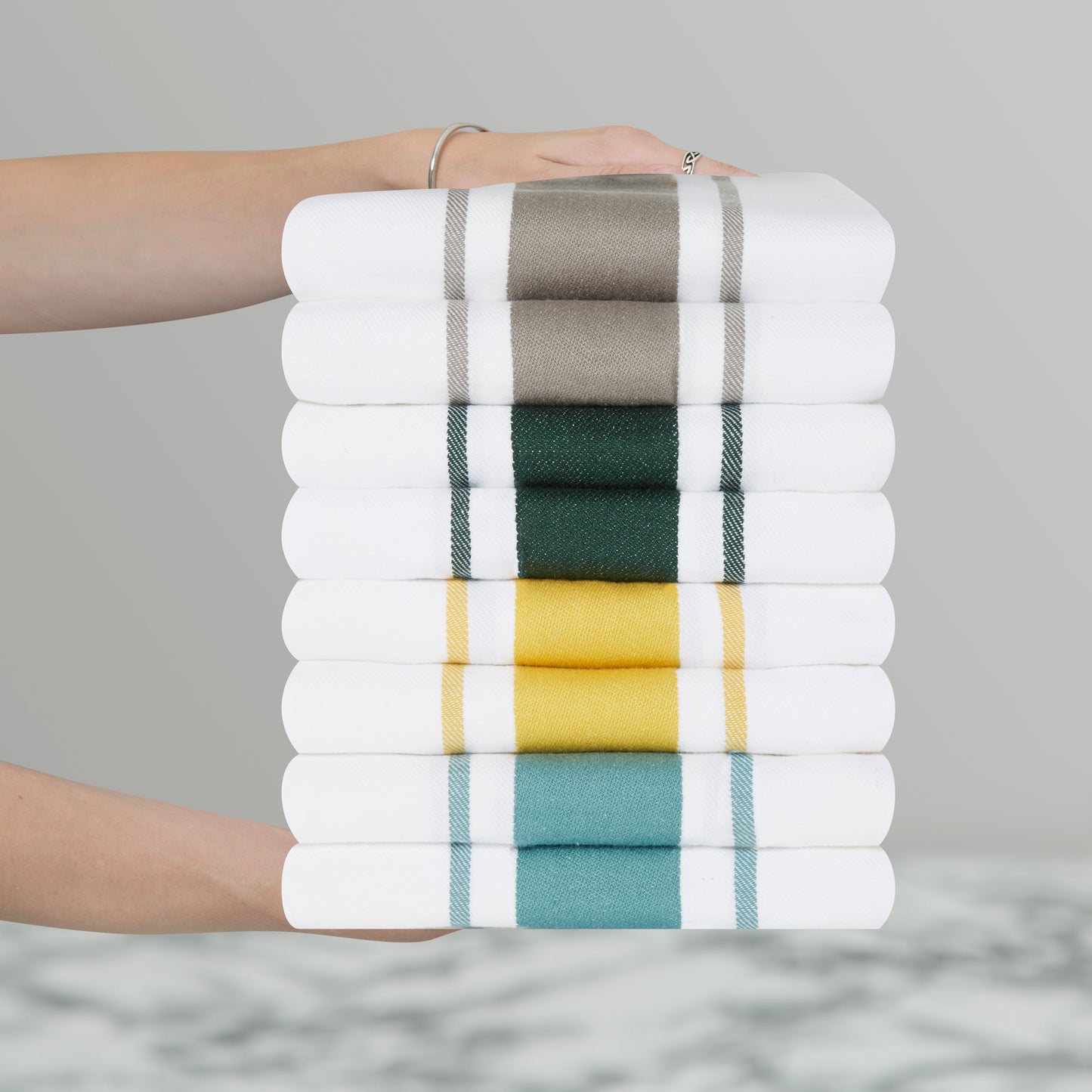 Large Sets of 8 Striped Cotton Drill Tea Towels in Mixed Colours