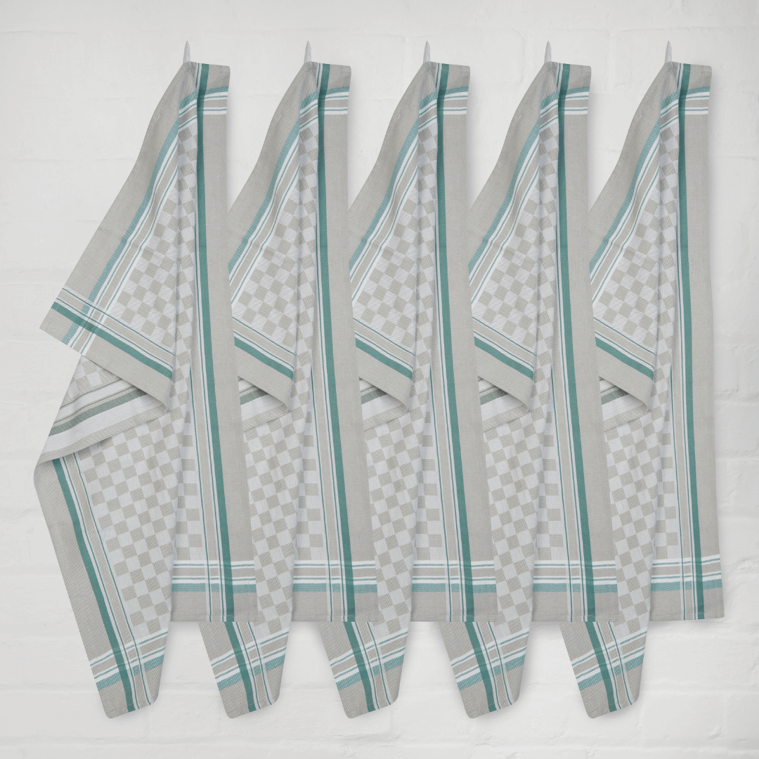 Set of 5 Woven Textured Check Tea Towels in Three Colours