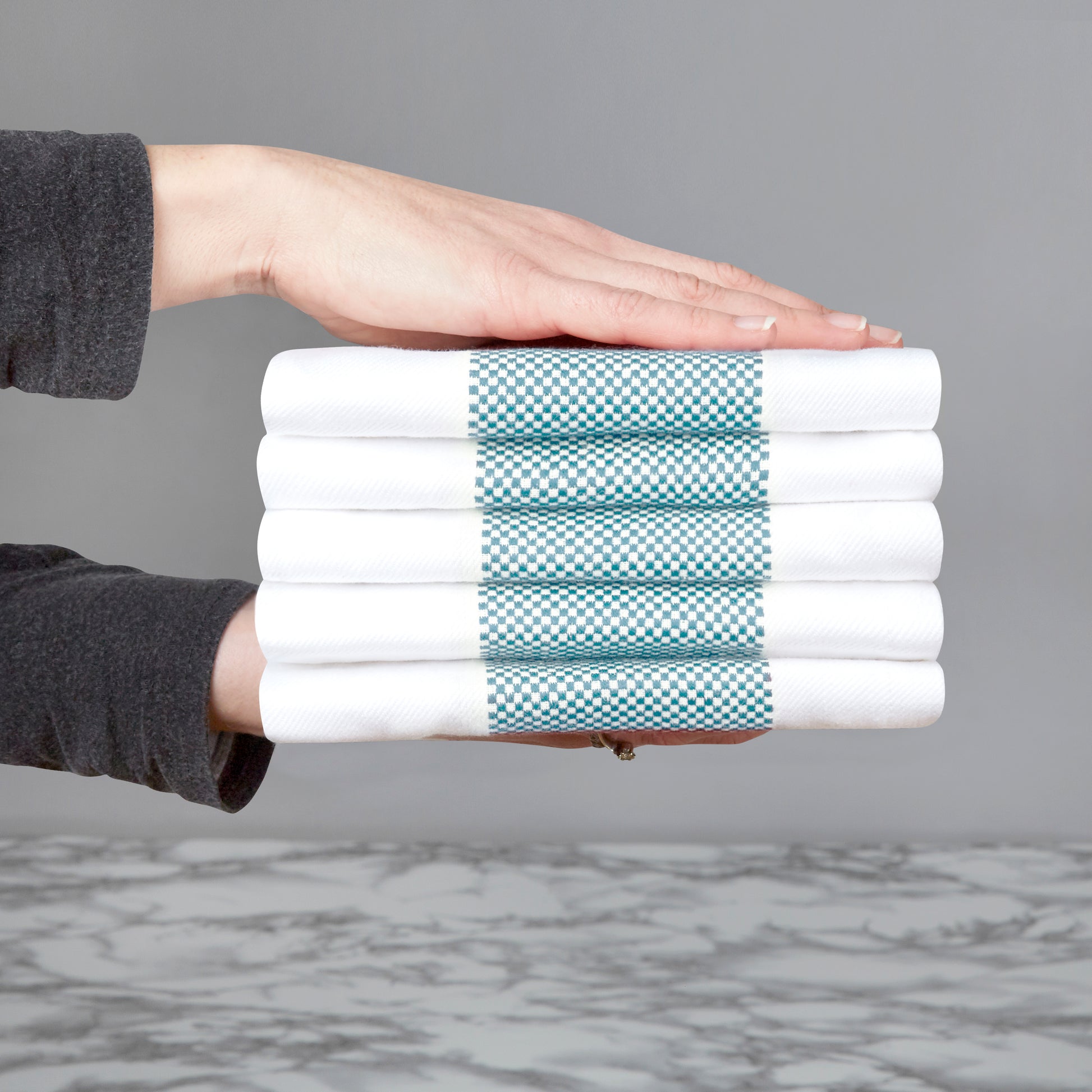 Set of 5 Thick Cotton Drill Mini Check Striped Tea Towels in Five Colours - Sticky Toffee Store