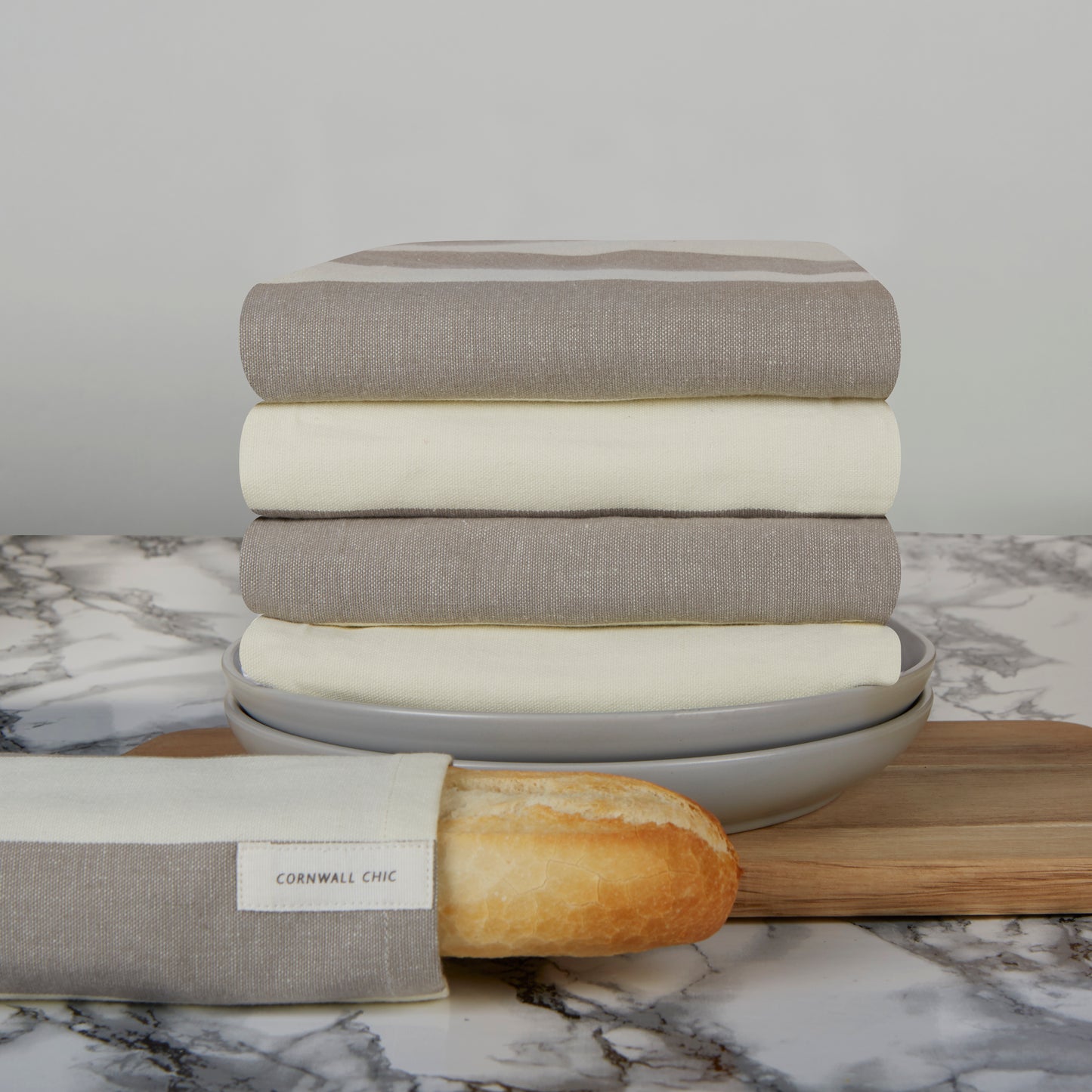 Set of 5 Woven Striped Cotton Tea Towels in Three Colours - Cornwall Chic