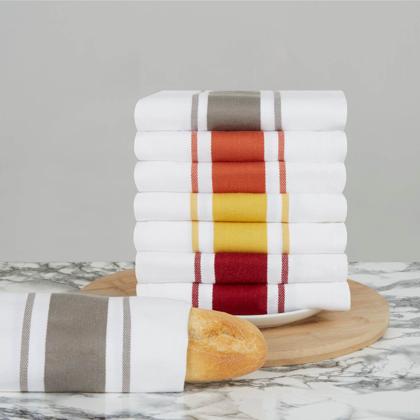 Large Sets of 8 Striped Cotton Drill Tea Towels in Mixed Colours