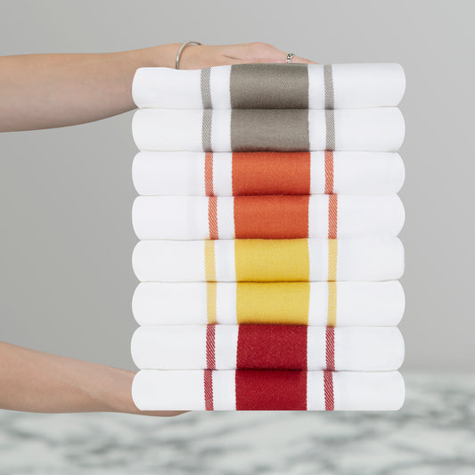 Large Sets of 8 Striped Cotton Drill Tea Towels in Mixed Colours