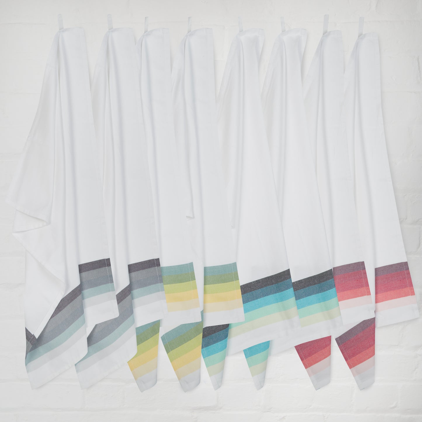 Large Set of 8 Multi-Coloured Herringbone Cotton Tea Towels in Mixed Colours