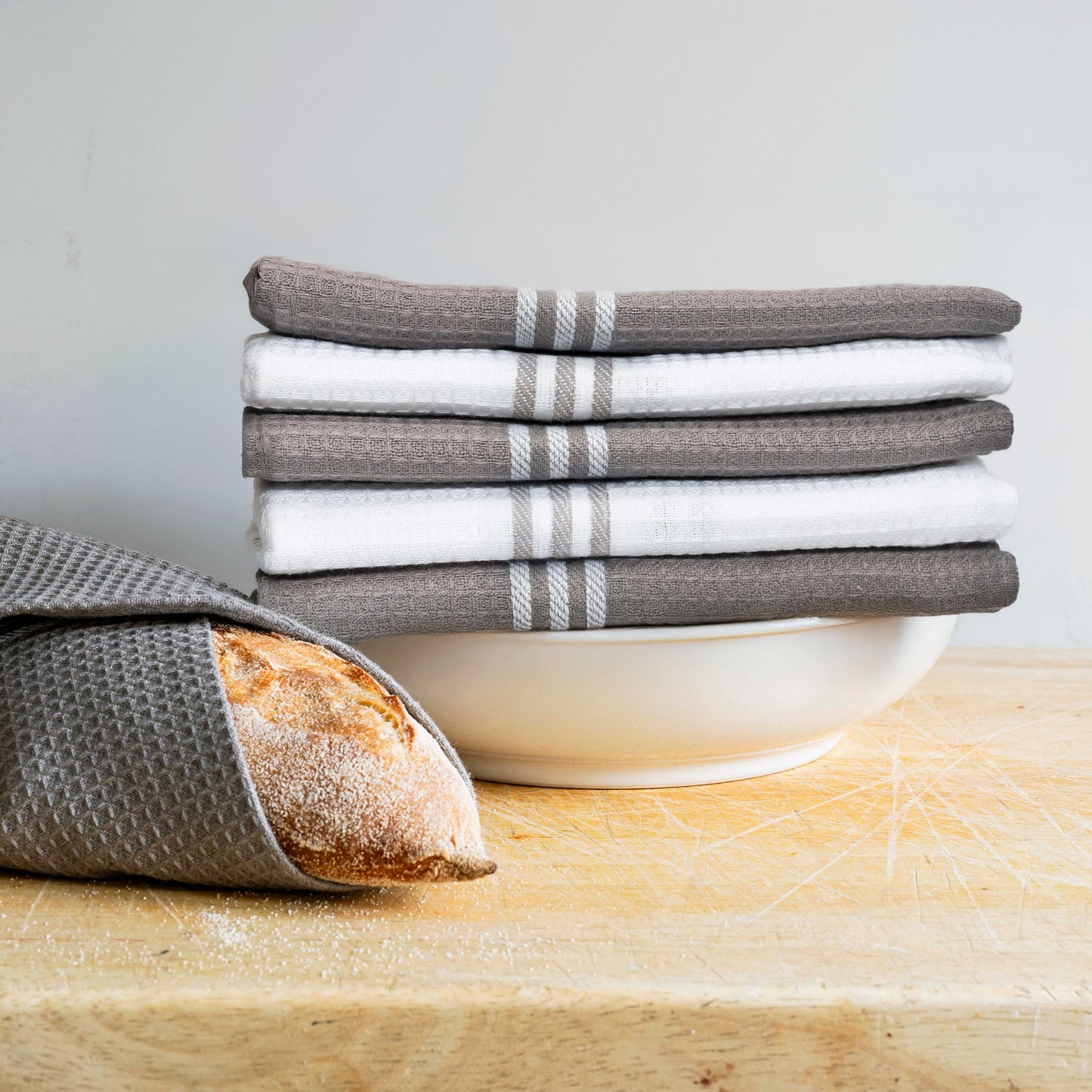 Set of 5 Waffle Cotton Tea Towels in Three Colours