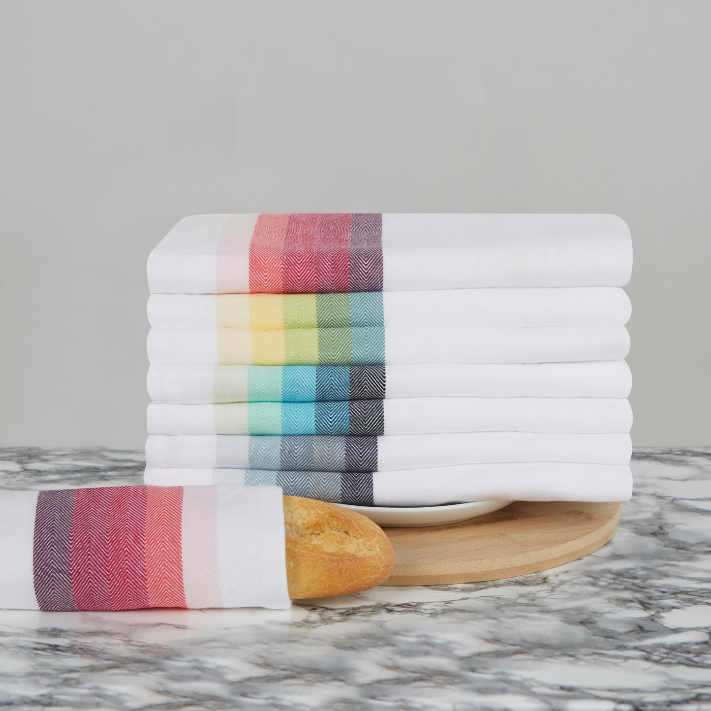 Large Set of 8 Multi-Coloured Herringbone Cotton Tea Towels in Mixed Colours