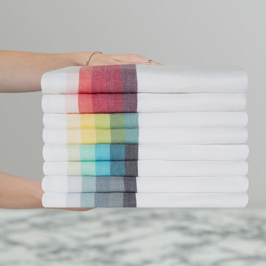 Large Set of 8 Multi-Coloured Herringbone Cotton Tea Towels in Mixed Colours
