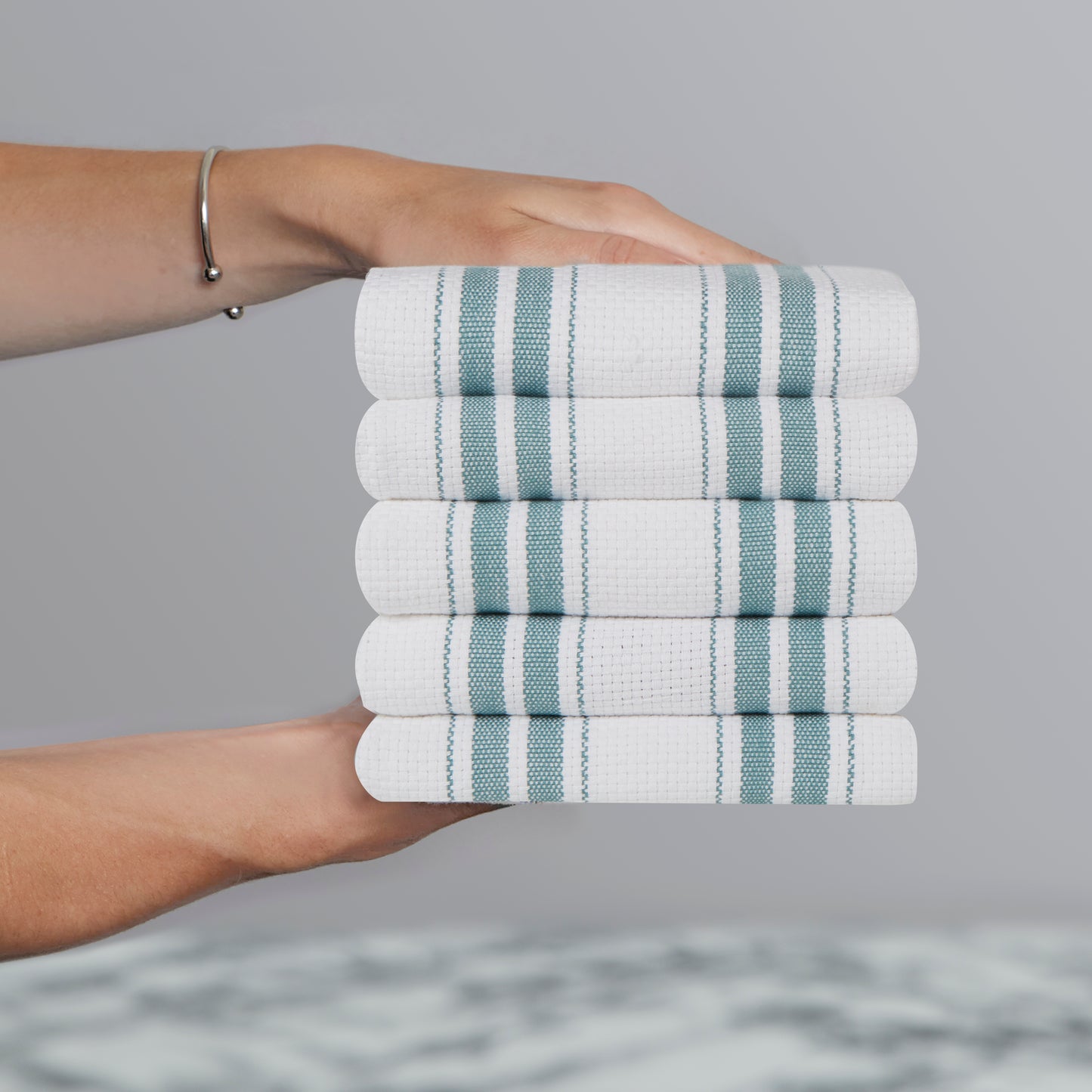 Set of 5 Basket Weave Striped Cotton Tea Towels in Five Colours